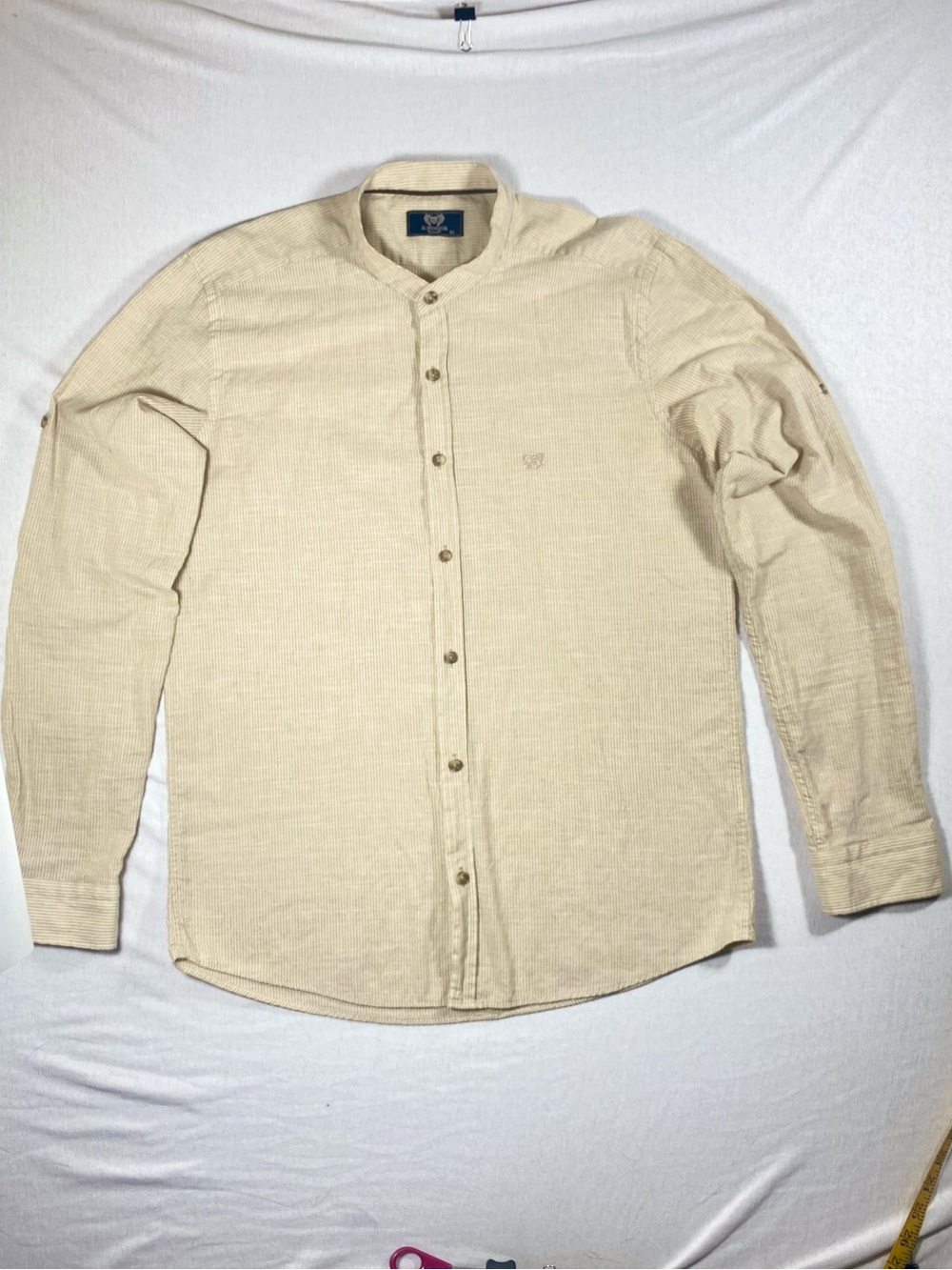 El Picador XL Beige Striped 100% Cotton Band Collar Button-Up Shirt